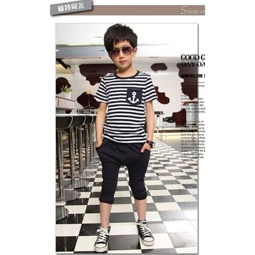 New Casual Kids Toddler Boys Sailor Outfits Striped Anchor Short Sleeve Cotton Tops +Half Pants 2Pcs Set