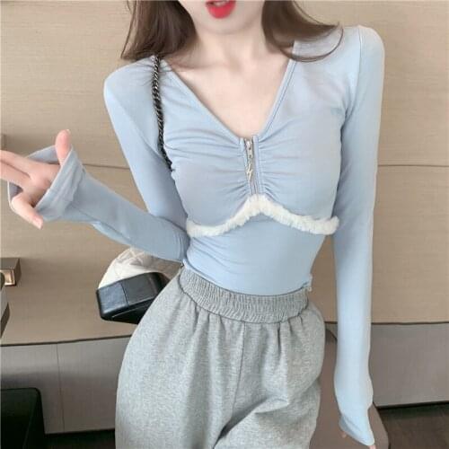 Autumn new style raw edge zipper slim short section v-neck blue long-sleeved t-shirt for women