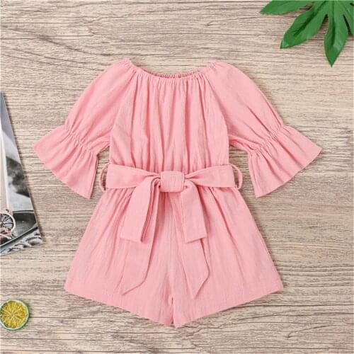 6M-4T Baby Girl Toddler Romper Comfortable Cotton Kids Solid Color Short Flare Sleeve With Waist Belt Clothing