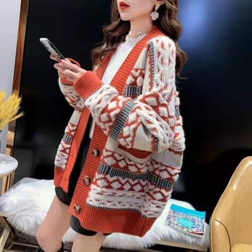 Casual Oversize Jacquard Cardigan Sweater Fashion Thick Warm Korean Knitted Coat Outwear Knitwear for Women 2021 Jersey X269