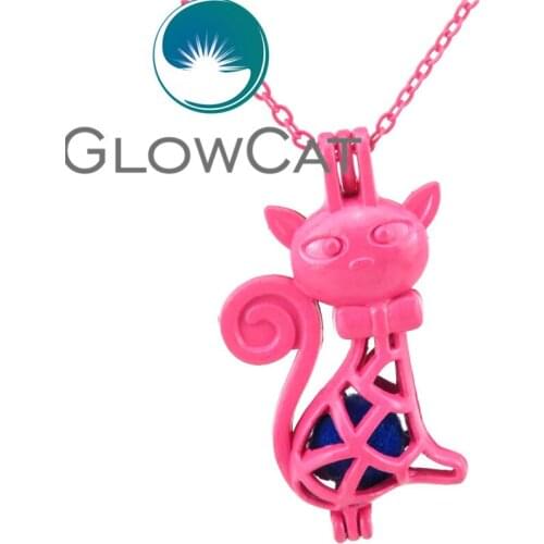 RR362 Hot Pink Elegant Cat Oyster Pearl Beads Cage Essential Oil Diffuser Aromatherapy 18'' Necklace Locket Cage Party Jewelry
