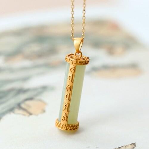 S925 Sterling Silver Gold Plated Hetian Jade Gray Jade Book Volume Six Words Mantra Retro Classic Ornament