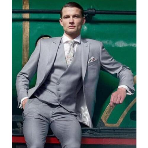 One Button Silver Blue Groom Tuxedos Notch Lapel Best Man Groomsmen Prom Suits Grey Business Prom Suits (Jacket+Pant+Vest)