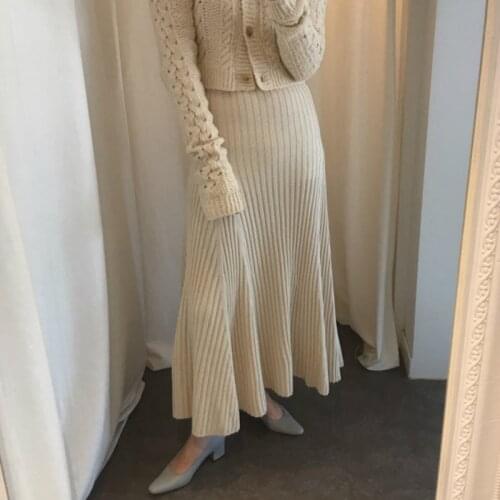 Women Autumn Winter Elastic High Waist Elegant Long Knitted Sweater Skirt Pleated Hem Umbrella Skirts Jupes