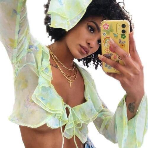 Womens Summer Long Sleeve Chiffon Blouse Boho Floral Print Ruffles Lace-Up Cardigan Sexy Deep V-Neck Slim Crop Top Shirt