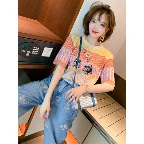 Top Quality Multi color jacquard embroidery large round neck knitting short sleeve new summer T-shirt