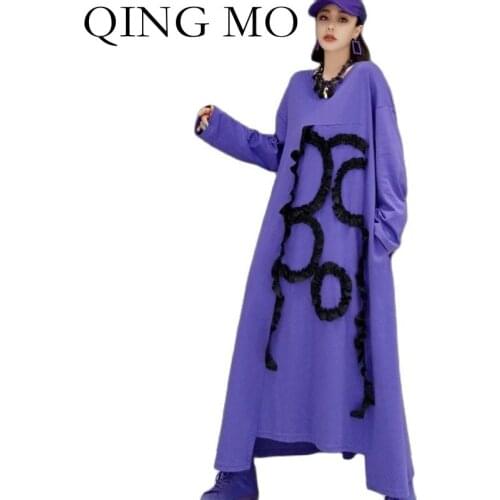 QING MO Autumn Fashion Long Sleeved Purple Dress Women Casual Slimming 2021 New Trend Stitching Pullover Dress ZWL494