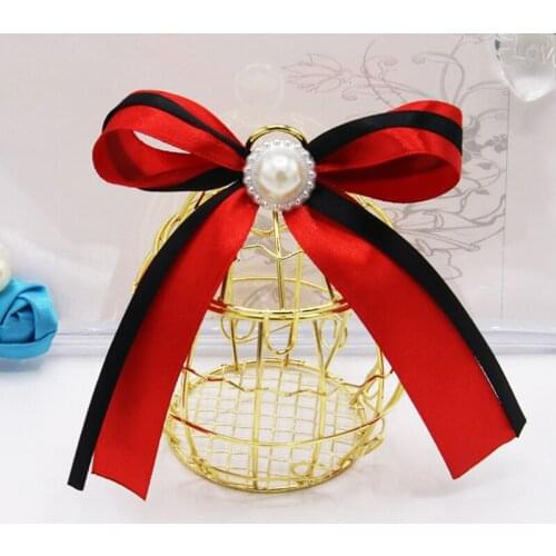 50pcs Birdcage Shaped Candy Boxes Party Gift Boxes with Bowknots Wedding Favor Boxes Iron Gold European Candy Package