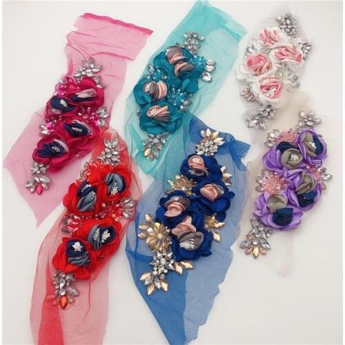 2pcs New arrival double color flower handmade gold 3d flower applique embroidery rhinestone flower patch for evening dress