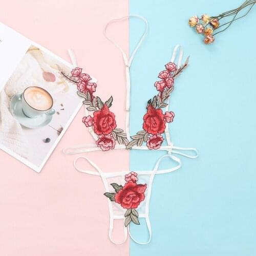 Women Sexy Bra Brief Set G-string Red Black Floral Embroidery Bralette Cupless Lace Bra Bustier Lingerie