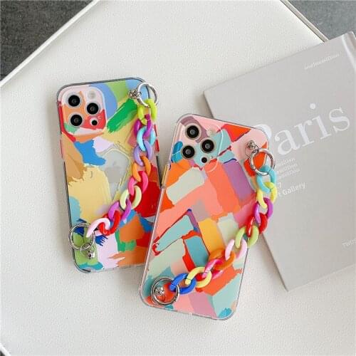 For IPhone12/11pro XS Max Phone Case Graffiti Wrist Chain Silicone Soft Case Protective Cover for IPhone 11 Case Soft Back Cover