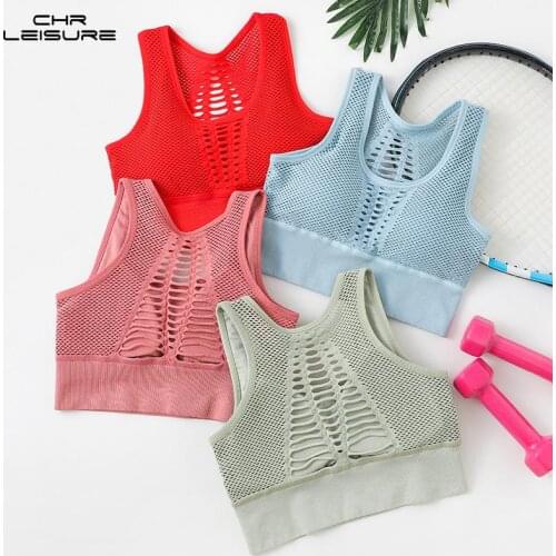 CHRLEISURE Sports Bra Fishbone Mesh Female Bra Push Up Damping Gather Breathable Running Bra Without Cups