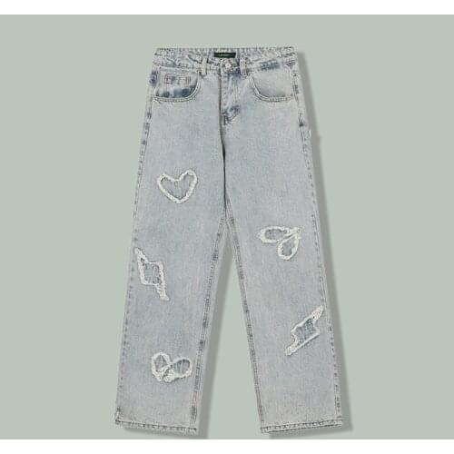 Furry Love Embroidered Hip Hop Jeans Mens Harajuku Hipsters Streetwear Loose Wide-leg Pants 2021Summer Joggers Sports Trousers