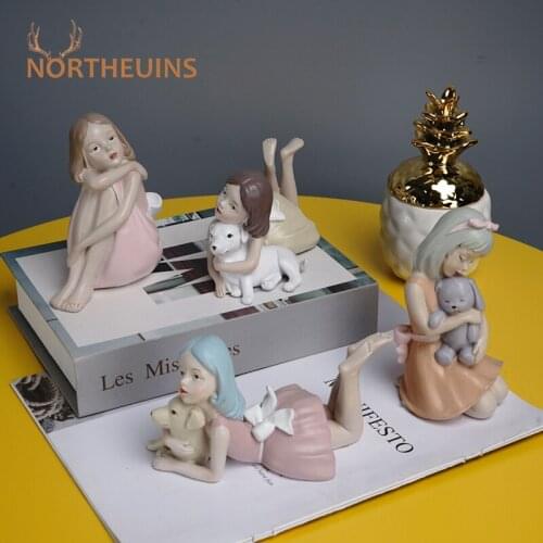 NORTHEUINS Resin Little Girl Cuddled The Puppy Nordic Creative Modern Figurines For Interior Home Decoration Accessories Statue