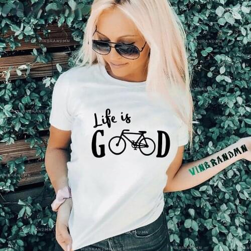 Life is Good On A Bike Slogan T Shirt Short Sleeve Womens T-Shirt Basic Cycling Cyclist Tee MTB Biker Lover Outdoor Sports tops