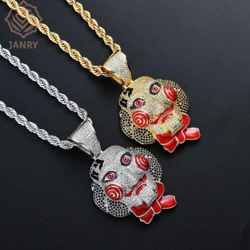 JANRY Halloween Mask Doll Pendant Necklace Gold Silver Micro-inlaid Zircon Men Women Hip Hop Necklace With 24inch Chain