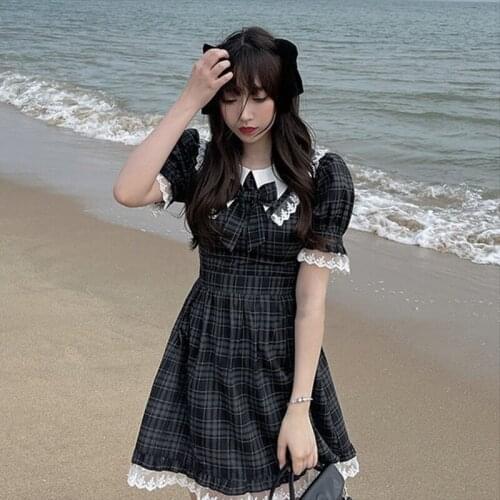 Hstar Holiday Mini Dresses Women Summer Kawaii Sweet Plaid Lace Dress Female Japanese Lolita Bow O-neck Bubble Sleeve Dresses