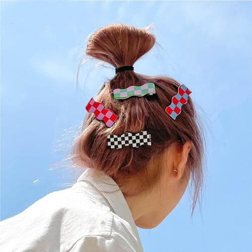 Fashion Multicolour Square Lattice Hairpin Womans Retro Wave Plaid Hair Clip Acrylic Acetic Acid Barrette Girl Sweet Side Clips