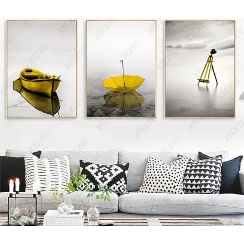 Yellow Umbrella Rain View Minimalist Grey White Background Wall Art Posters Picture Canvas Painting Home Living Room Bedroom