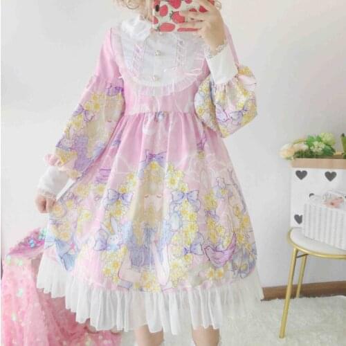 NONSAR Cute Girl Dress Lolita Long Sleeve OP Fresh And Maid Outfit Chiffon Cartoon Print