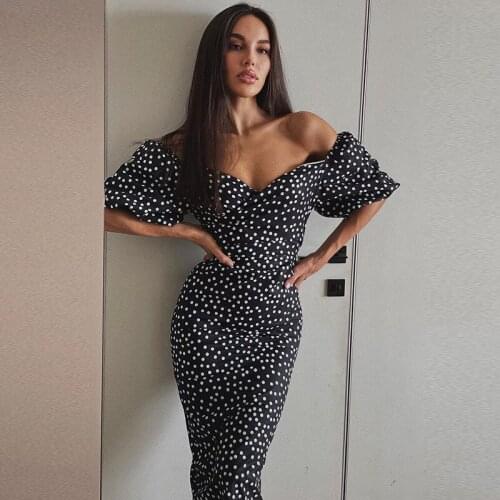Sexy Lantern Sleeve Maxi Dress Elegant Polka Dot Print Boho Bodycon Dresses Women Strapless Off Shoulder Long Dress Vestidos