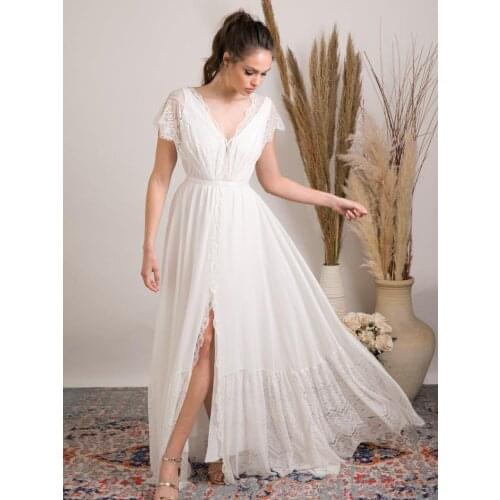 Boho Chiffon Lace Wedding Dresses for Bride 2021 Cap Sleeves Double V Neck Split Front Bridal Gowns vestido de noiva