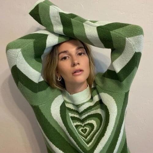 Y2K Green Heart Striped Turtleneck Sweater 2021 Winter Sweet Knit Long Sleeve Crop Sweater Pullovers Crop Top Aesthetic Sweater