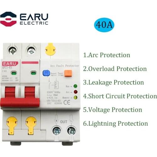 40A 2P AFDD AFCI Arc Fault Protector Dector Circuit Breaker Interrupte Overload Earth Leakage Short Circuit Voltage Protection