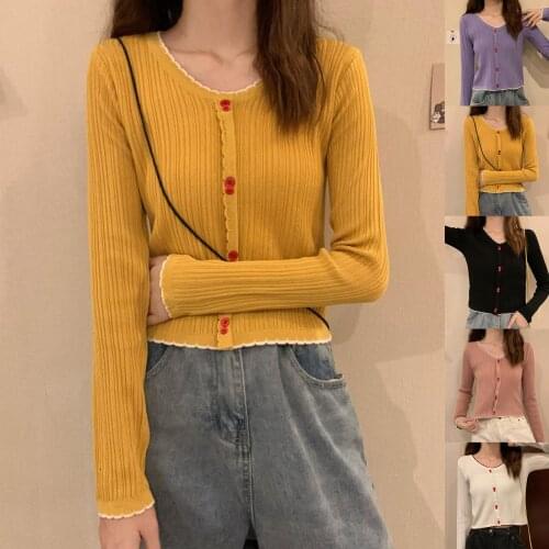 Women Girls Korean Style Autumn Long Sleeve V Neck Single-breasted Blouse Ribbed Slim Leisure Knitwear Tops