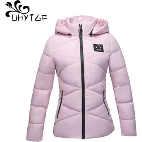 UHYTGF Women cotton Thicken Winter Female Jackets Fashion Hooded Parka Korean Short Slim Warm Small cotton Womens Coats X392