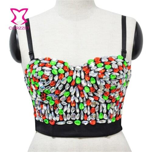 Multi-colored Crystal Gem Beads Nightclub Belly Dance Sujetadores Mujer Sexy Bra Push Up Bralette Crop Top Women Brassiere Femme