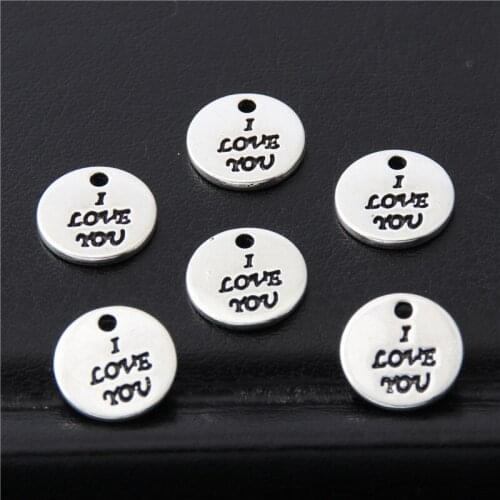 50pcs Silver Color Round Words charms I Love you Letters Pendant Gifts For Lovers Making Jewelry Accessories 10mm A3058