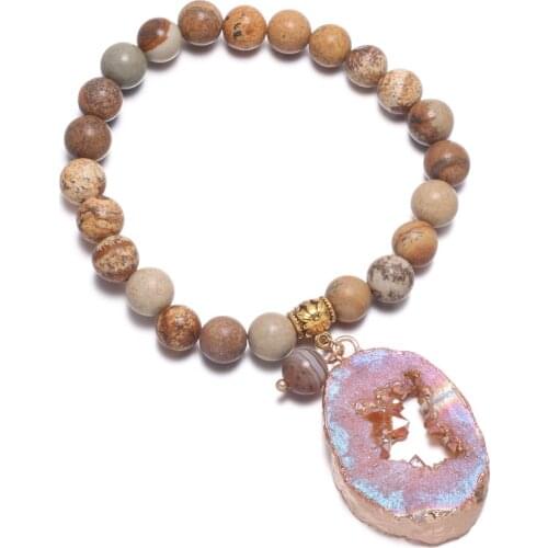 Natural Stone Picture Jaspers Bracelet Single Strand Charms Agates Druzys Bangle Women Jewelry Gift Lucky Bracelets Wholesale