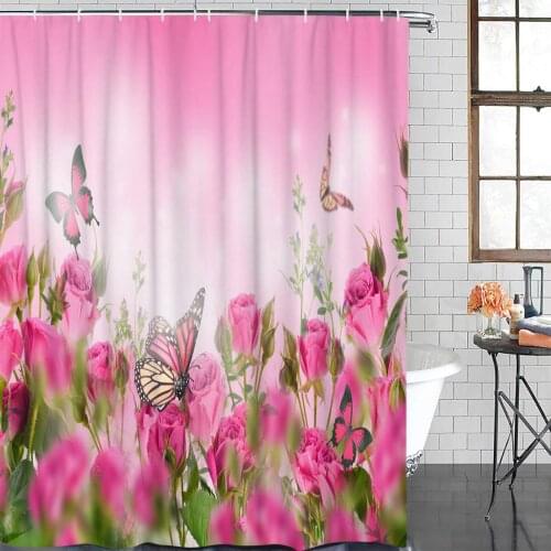 Flowers Butterfly Beautiful Shower Curtain Polyester Fabric Bathroom Home Decor Waterproof Shower Curtains with Hooks