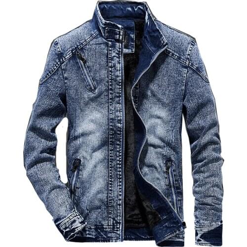 Retro denim jacket mens slim fit solid color casual jeans jacket mens standing fashion clothing black blue
