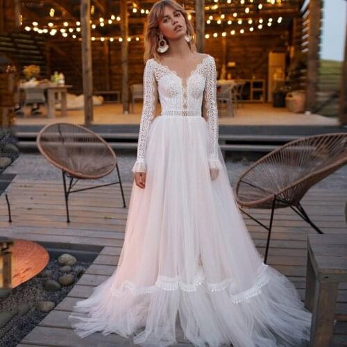 Elegant O-neck Tulle Wdding Dress 2021 Lace Applique Sweep Train Custom Made Long Sleeve A-line Bridal Gowns