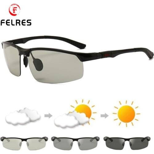 FELRES Aluminum Magnesium Frame Photochromic Polarized Sunglasses For Men Outdoor Driving Fishing UV400 Glasses With Box 3121