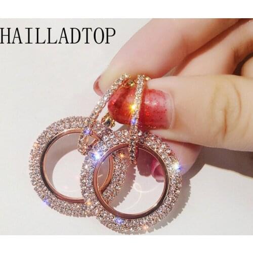 Geometric Hoop Double Circle Earrings Interlocking Double Round Fashion Crystal Drop Earrings for Women Rhinestone Round Dangle