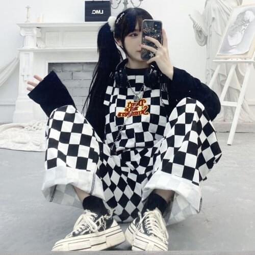 Streetwear Harajuku Girl Black White Plaid Overalls Casual Jumpsuit Trousers Women Hip-hop Baggy Pants