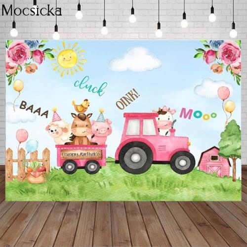 Mocsicka Cartoon Animals Birthday Backdrop Farm Red Barn Sun Balloon Decor Props Child Party Photography Background Photo Studio