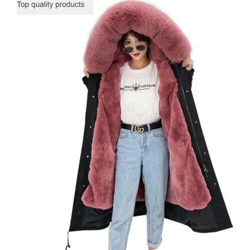 New Fashion 2020 Winter Womens Real Rex Rabbit Fur Coat X-Long Real Fox Fur Collar Oversized Parka Thick Warm Outerwear L477