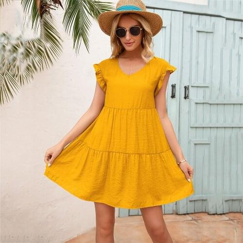 Casual Loose Dress For Woman Fashion Ruffled V-neck Sleeveless Summer Women Mini Dress Office Elegant Ladies Dresses 2021 White