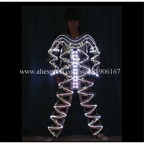 Full color led mirror dance clothes ballroom led luminous costumes stage light RGB colorful fiber optic men robot wears suit