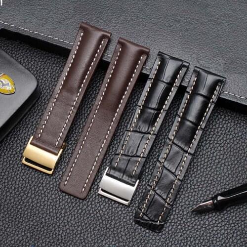 22mm 24mm High Quality Genuine Leather Strap Watch Band For Breitling mens watch cow leather bracelet with Deployment buckle