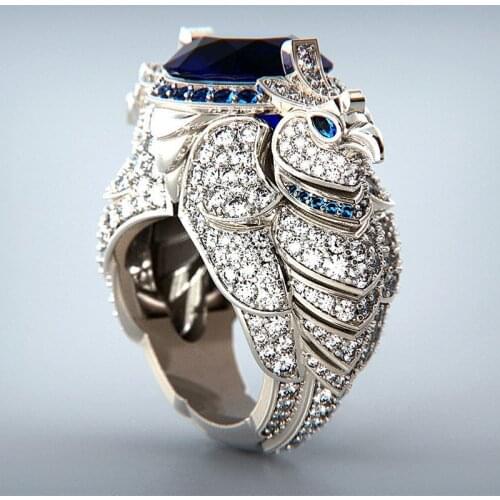 Luxury Silver Plated Parrot Ring Colourful Gems Zircon Cocktail Party Womens Ring Blue Crystal Wedding Ring Engagement Jewelry