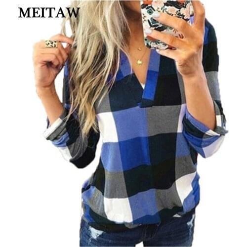 5XL Plus Size Women Casual Plaid Blouse Sexy V Neck Long Sleeve Shirt 2020 Spring Vintage Loose Shirts Tops