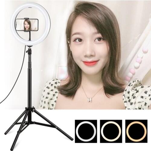 PULUZ 1.65m Tripod Mount +10.2" 26cm Curved Surface USB 3 Modes Dimmable Dual Color Temperature Ring Light Kits with Phone Clamp