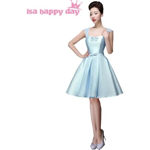 Light blue girls sleeveless knee length satin dress ball gown for sweet 16 party occasion dresses cheap under $100 H2902