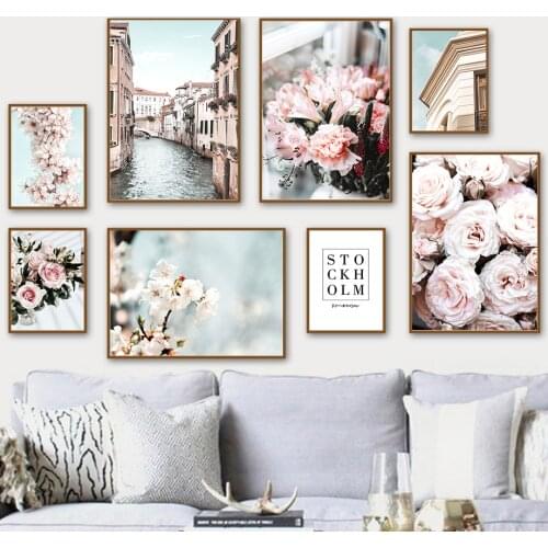 Cherry Blossoms Rose Lily Paris Tower City Wall Art Canvas Painting Nordic Posters And Prints Wall Picture For Living Room Decor