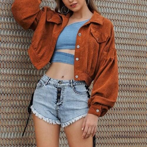 Women Lantern Sleeve Cropped Jacket Lapel Collar Button Down Velvet Outwear Vintage Oversized Loose Solid Color Coat